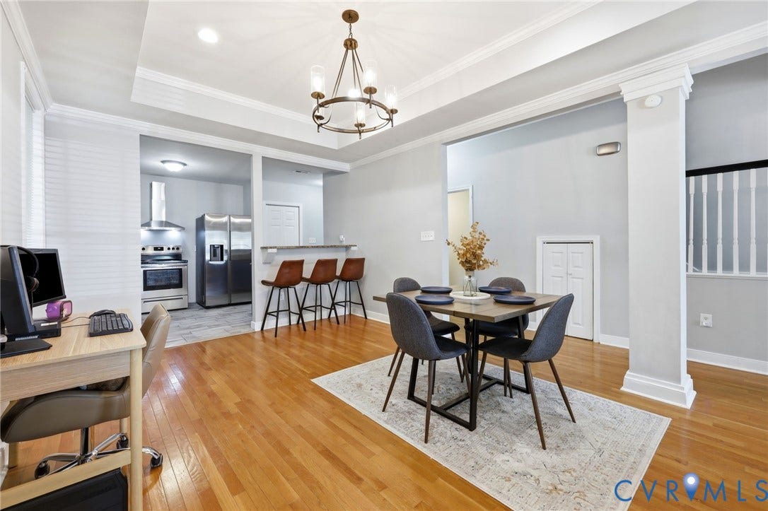 3015 M Street, Church Hill, Richmond, VA 23223 Hardwood flooring, tray ceiling with recessed lighting, stainless steel kitchen appliances, and a built-in kitchen island