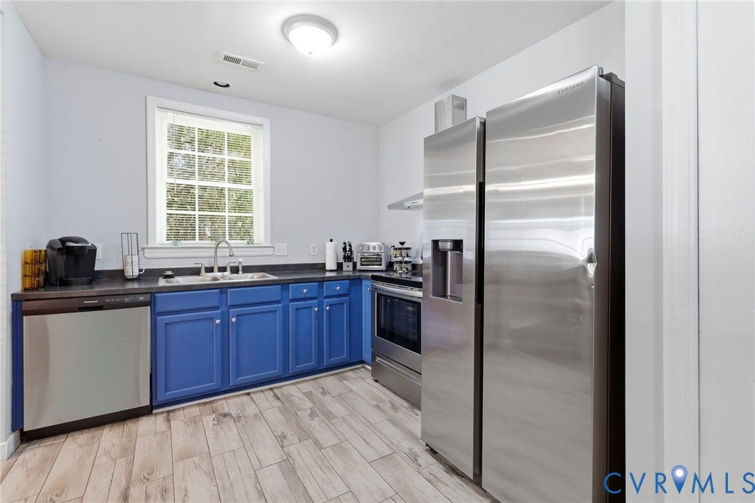 3015 M Street, Church Hill, Richmond, VA 23223 Kitchen featuring wood-finish flooring, stainless steel appliances, blue cabinetry, dark countertops, and a window with a grid pattern