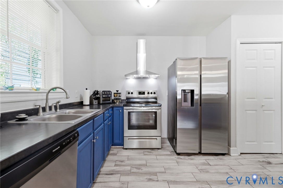3015 M Street, Church Hill, Richmond, VA 23223 Kitchen featuring stainless steel appliances, modern blue cabinetry, dark countertops, and wood-finish flooring