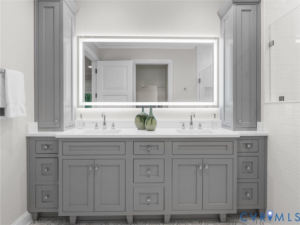 511 Libbie Avenue, #A, The Row At Westhampton, Richmond, VA 23226 Dual vanity with light gray cabinetry and white countertops