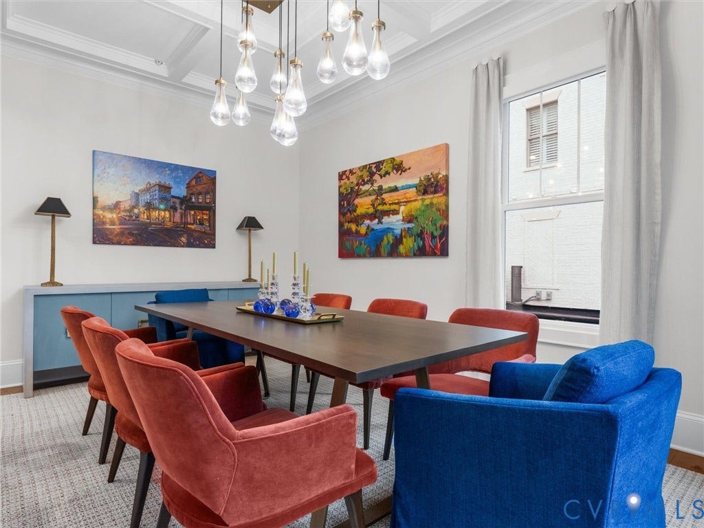 511 Libbie Avenue, #A, The Row At Westhampton, Richmond, VA 23226 Recessed panel ceiling with an elaborate chandelier, large double-hung window, and built-in console cabinetry