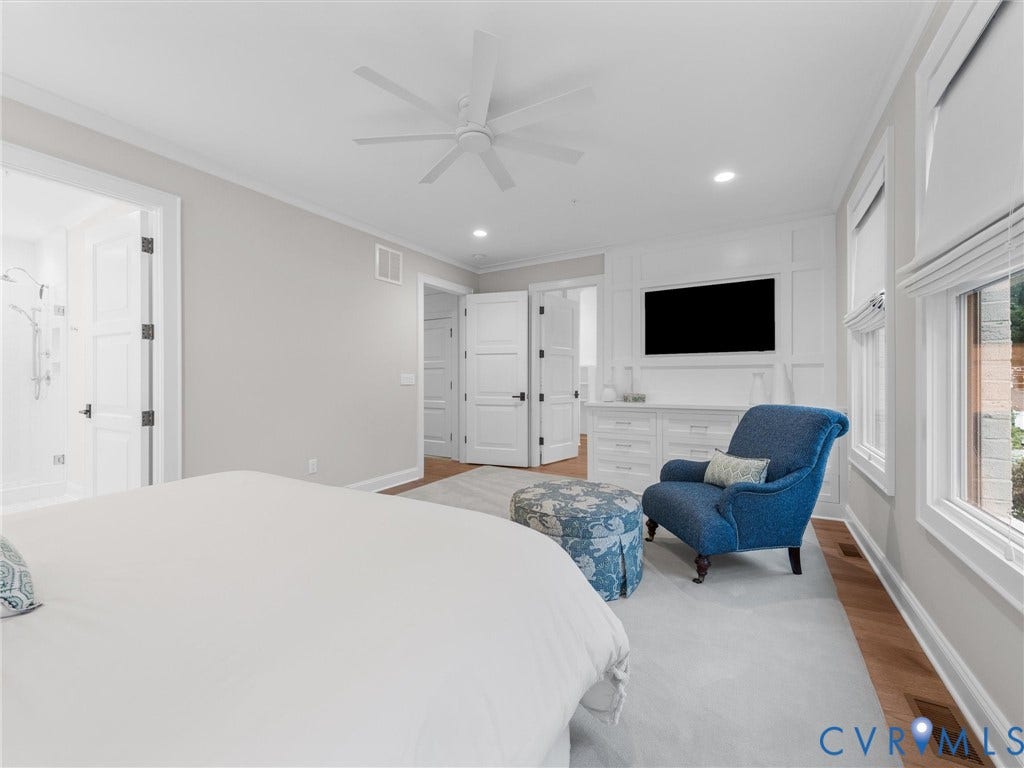 511 Libbie Avenue, #A, The Row At Westhampton, Richmond, VA 23226 Recessed lighting, ceiling fan, wood-finish flooring, built-in cabinetry, and white framed windows