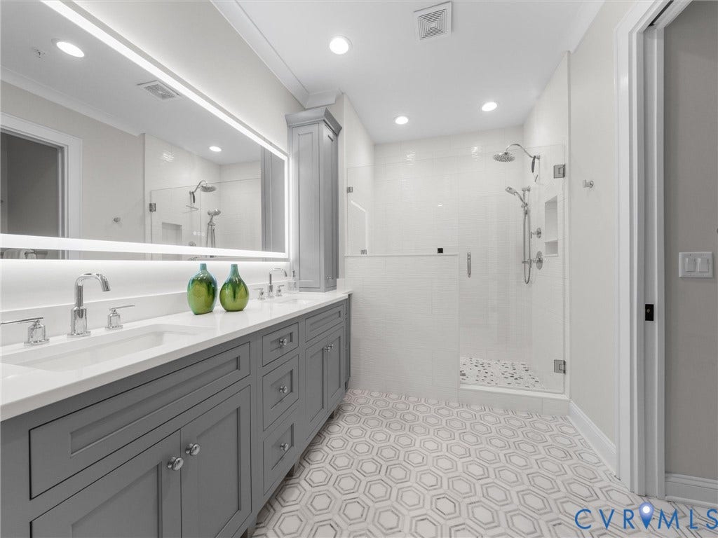 511 Libbie Avenue, #A, The Row At Westhampton, Richmond, VA 23226 Dual vanity with undermount sinks, quartz countertop, and chrome fixtures