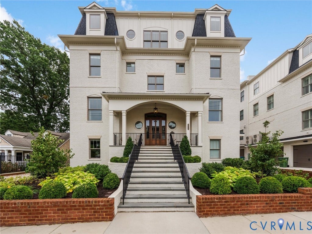 511 Libbie Avenue, #A, The Row At Westhampton, Richmond, VA 23226 Multi-level facade with a portico entry, stone steps, and dormer windows