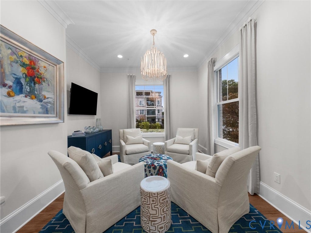 511 Libbie Avenue, #A, The Row At Westhampton, Richmond, VA 23226 Recessed lighting, crown molding, wood-finish flooring, and a contemporary chandelier