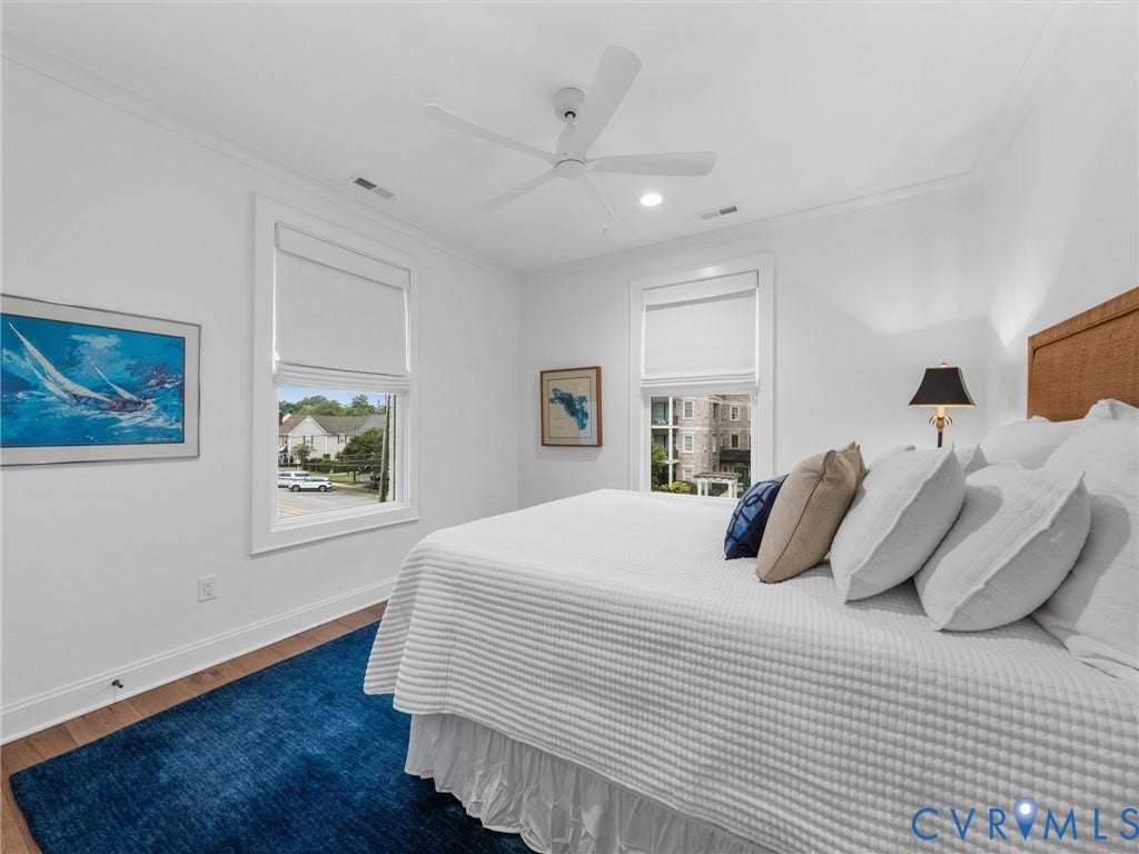 511 Libbie Avenue, #A, The Row At Westhampton, Richmond, VA 23226 Recessed lighting, crown molding, wood-finish flooring, ceiling fan, and multiple windows with roller shades