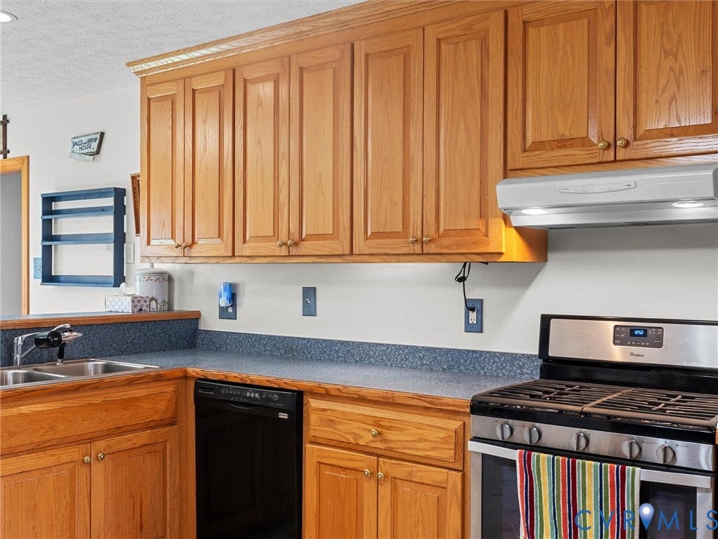 5325 Swift Hill Lane, Scandia Lake, Sandston, VA 23150 Wood cabinetry, stainless steel range, double basin sink, and integrated dishwasher