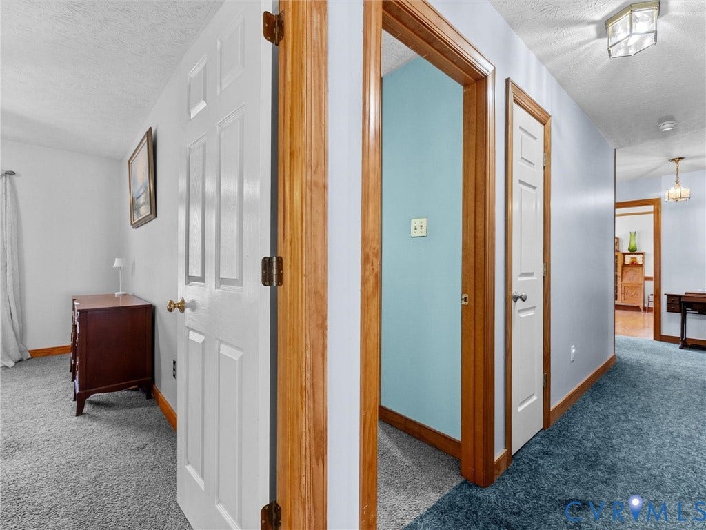 5325 Swift Hill Lane, Scandia Lake, Sandston, VA 23150 Carpeted hallway with wood-trim doorways and ceiling-mounted lighting fixtures
