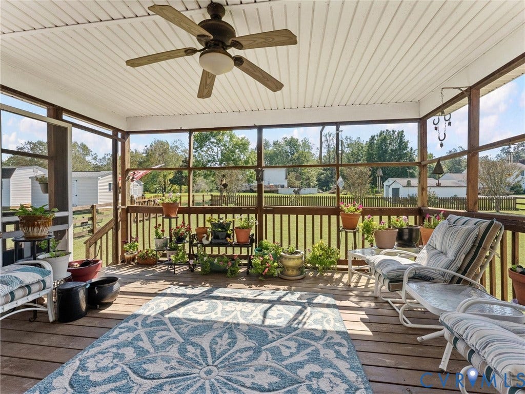 5325 Swift Hill Lane, Scandia Lake, Sandston, VA 23150 Screened porch with wood-finish decking, ceiling fan, and slatted railing
