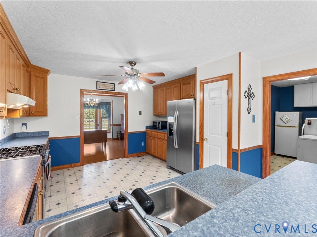 5325 Swift Hill Lane, Scandia Lake, Sandston, VA 23150 Kitchen featuring wood cabinetry, stainless steel appliances, a ceiling fan, and a double basin sink with a chrome faucet