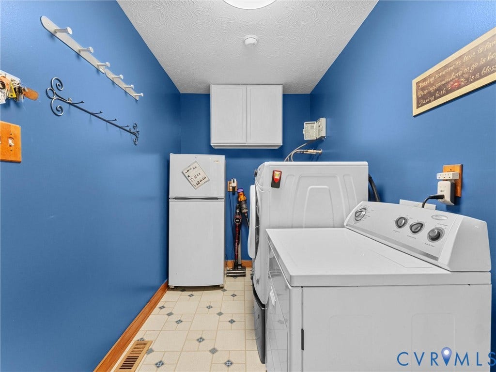5325 Swift Hill Lane, Scandia Lake, Sandston, VA 23150 Laundry area featuring overhead cabinetry, patterned flooring, and a utility refrigerator