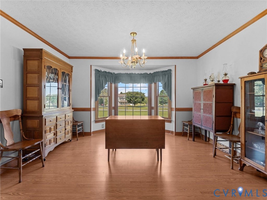 5325 Swift Hill Lane, Scandia Lake, Sandston, VA 23150 Hardwood-finish flooring, bay window, chandelier, crown molding, and chair rail detailing