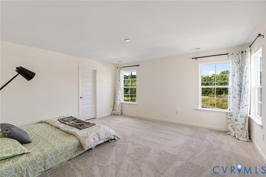 Light gray carpeting, white walls, and multiple windows with white trim