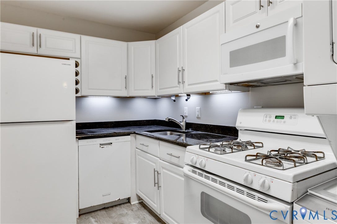 6 Stillwater Lane, Henrico, VA 23228 White cabinetry, dark countertops, undermount sink, under-cabinet lighting, and white appliances