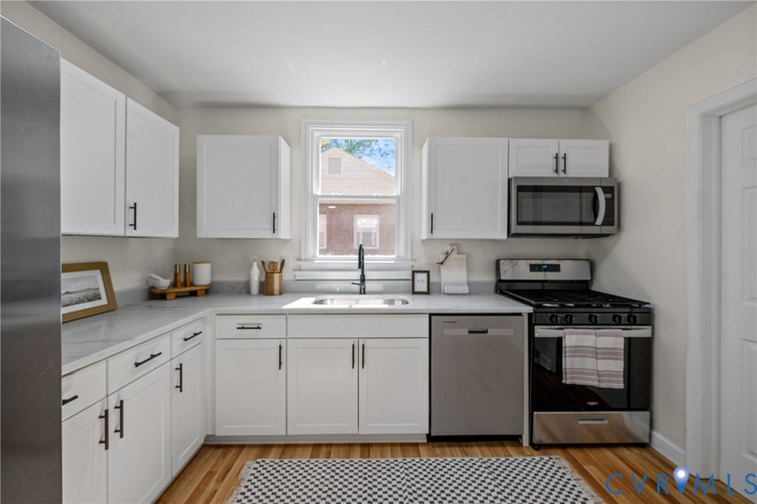Modern kitchen featuring white cabinetry, light countertops, wood-finish flooring, a stainless steel gas range, and an integrated microwave