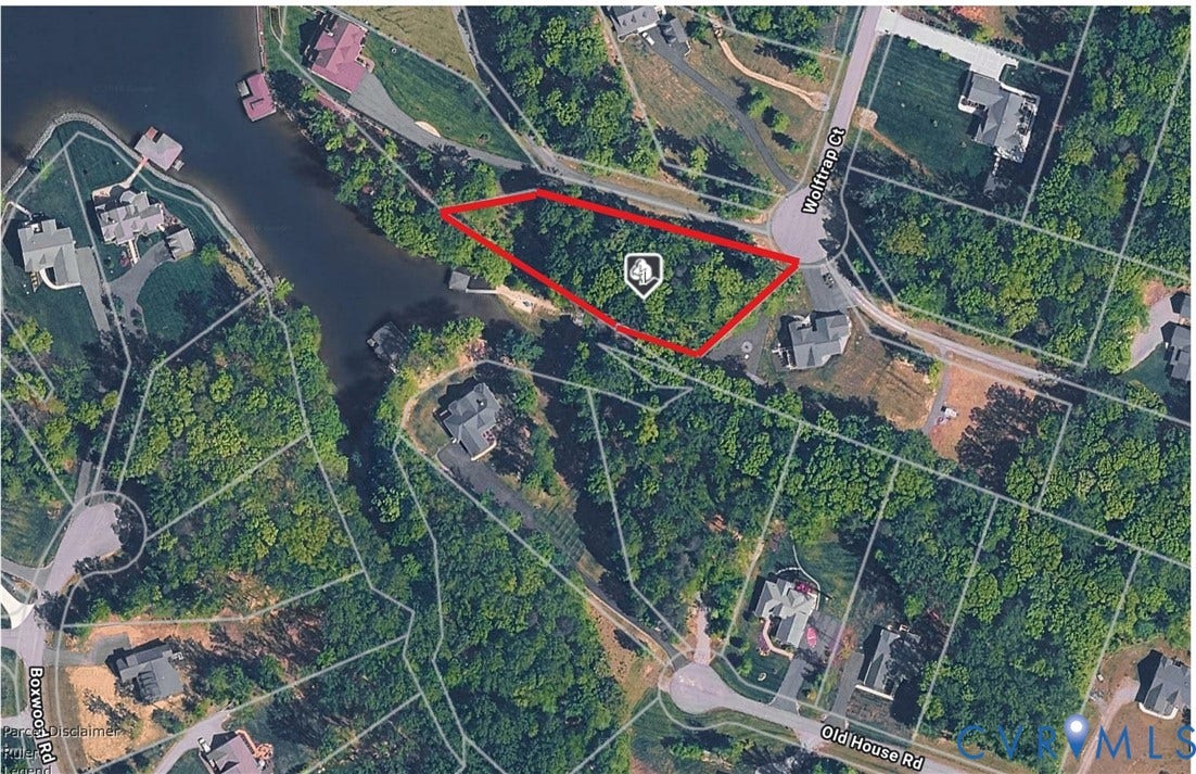 0 Wolftrap Court, Lighthouse, Bumpass, VA 23024 Aerial Survey Map. Outlining the property in red, situated along a body of water and adjacent to developed residential areas