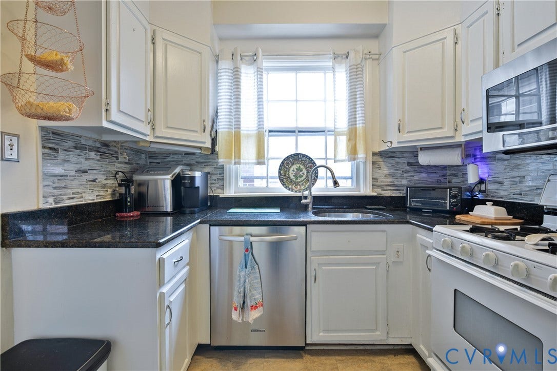 2606 Park Avenue, #U6, The Fan, Richmond, VA 23220 Kitchen featuring dark countertops, white cabinetry, a stainless steel dishwasher, a stainless steel microwave, and a gas range