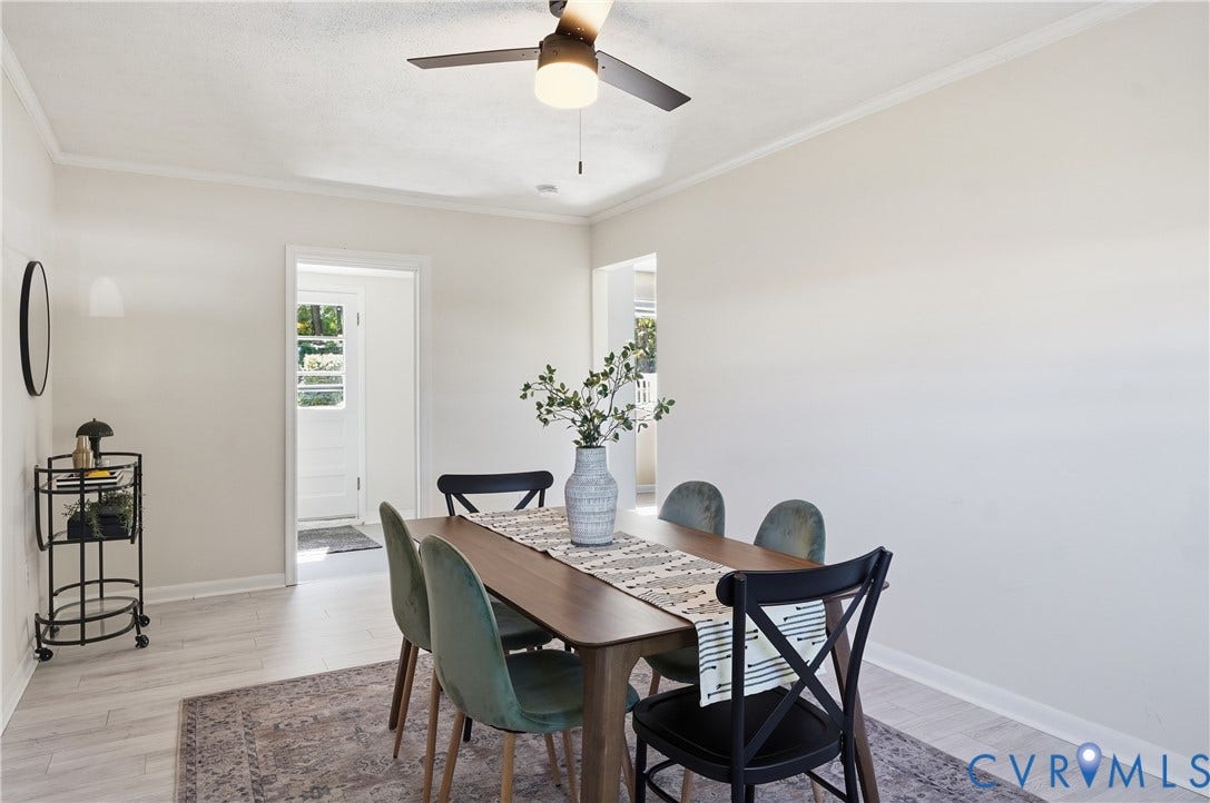 Recessed lighting with a ceiling fan, crown molding, and wood-finish flooring