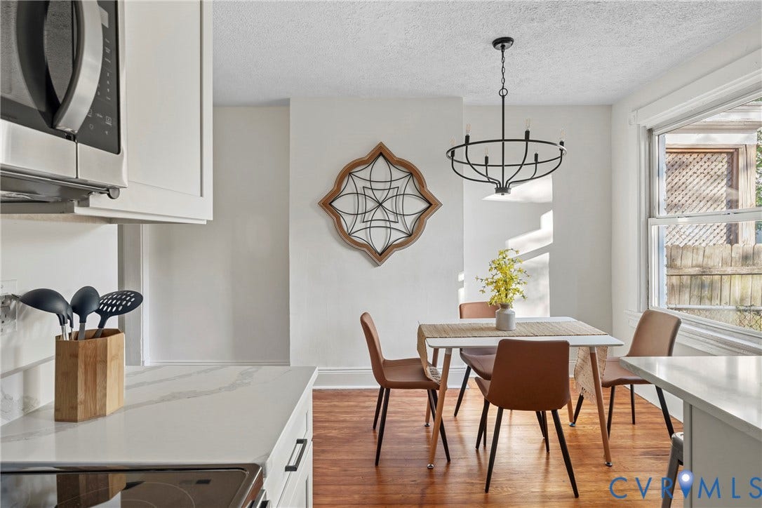2931 W Leigh Street, Scotts Addition, Richmond, VA 23230 White cabinetry with stainless steel appliances, white countertops, wood-finish flooring, and a black chandelier
