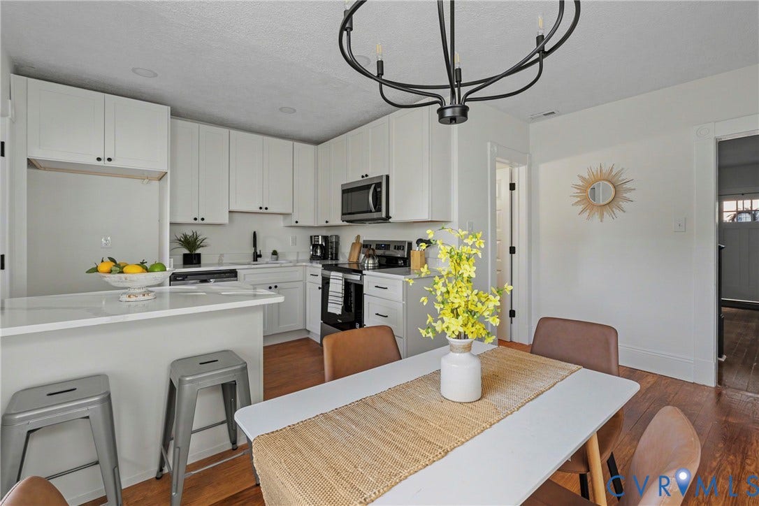 2931 W Leigh Street, Scotts Addition, Richmond, VA 23230 Kitchen featuring white cabinetry, stainless steel appliances, a white countertop island, and wood-finish flooring