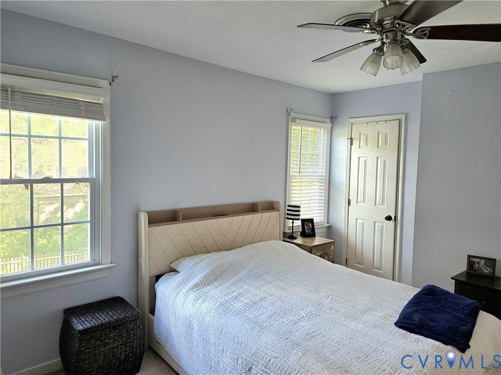 4207 Brixton Road, Creekwood, Chesterfield, VA 23832 Built-in ceiling fan with integrated lighting, multiple windows with blinds, and a four-panel interior door