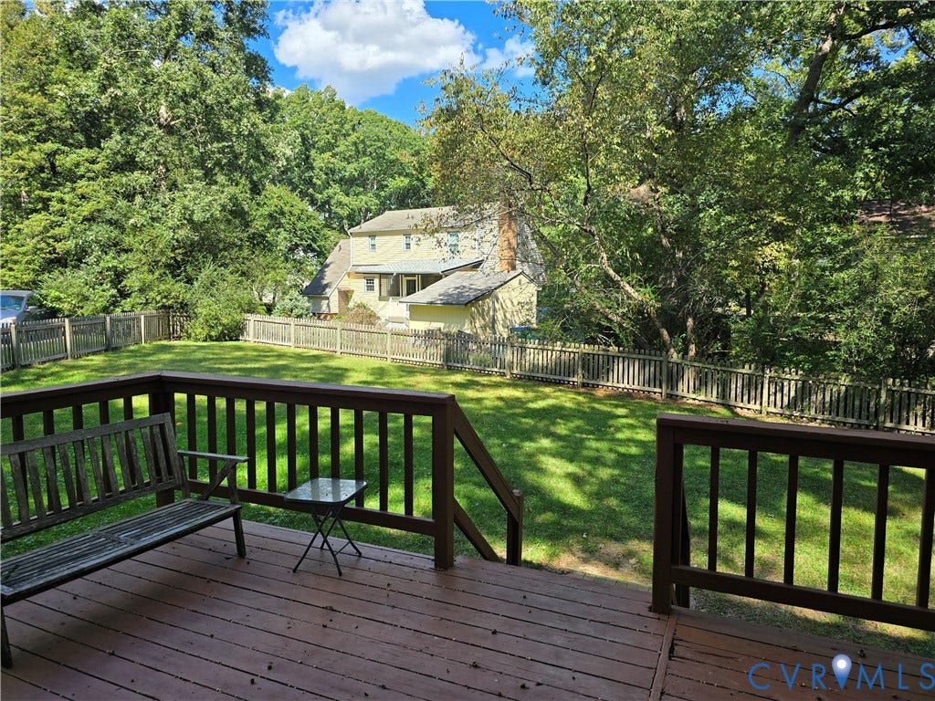 4207 Brixton Road, Creekwood, Chesterfield, VA 23832 Wood-finish deck with railing, leading to a fenced yard with a manicured lawn and mature trees
