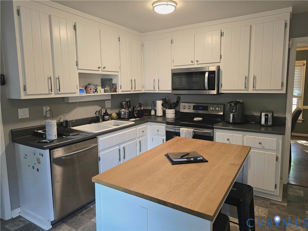 4207 Brixton Road, Creekwood, Chesterfield, VA 23832 White cabinetry, stainless steel appliances, dual basin sink, wood-finish island countertop, and dark countertops