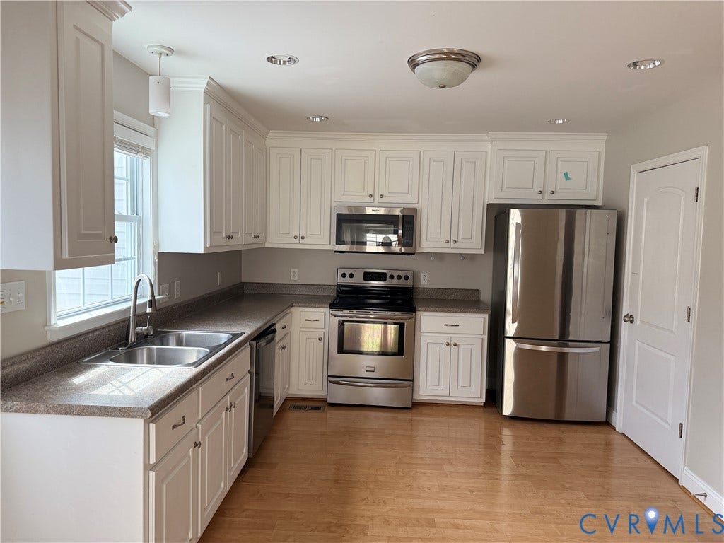 1709 Kemper Street, Richmond, VA 23220 Kitchen featuring white cabinetry, stainless steel appliances, wood-finish flooring, and a double basin sink