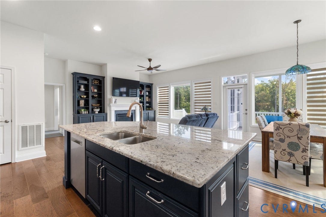 15750 Mosaic Creek Boulevard, Henrico, VA 23238 Kitchen island featuring a double basin sink, stainless steel dishwasher, and a light-toned countertop looking into the family room