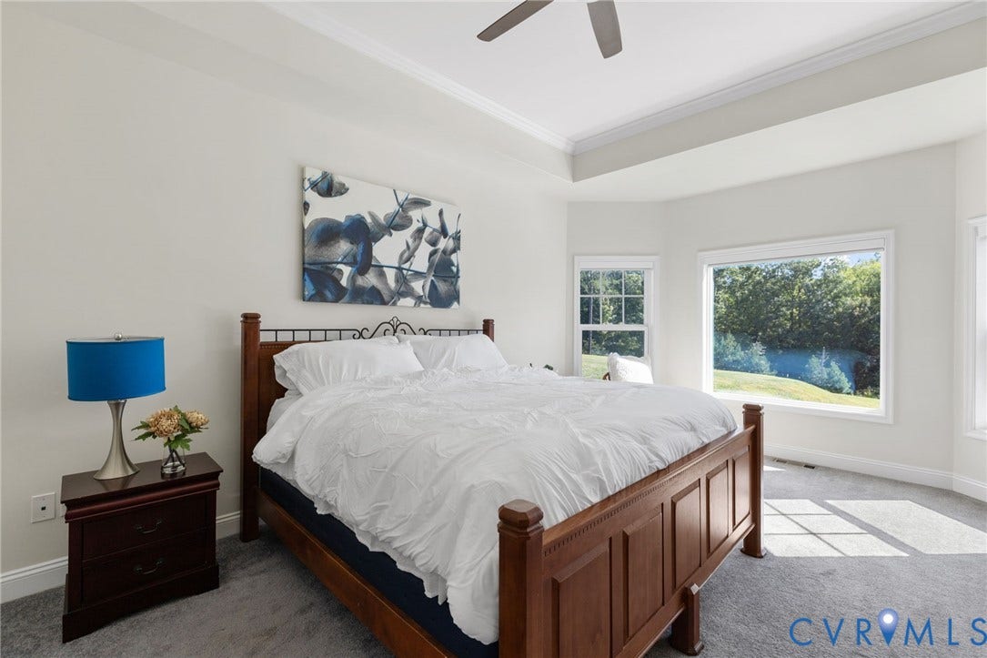 15750 Mosaic Creek Boulevard, Henrico, VA 23238 Tray ceiling with crown molding, ceiling fan, carpeting, and multiple windows with custom remote controlled blinds