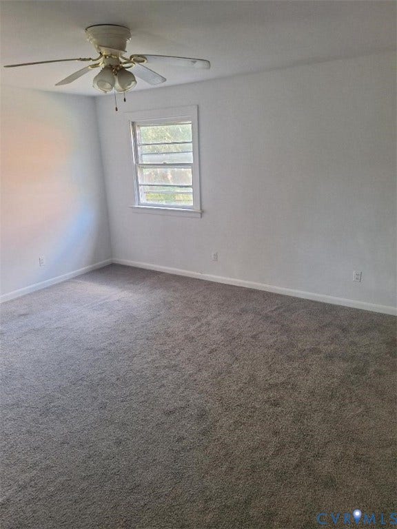 111 Damascus Drive, Richmond, VA 23227 Ceiling fan with integrated lighting, window with white trim, and gray carpet flooring