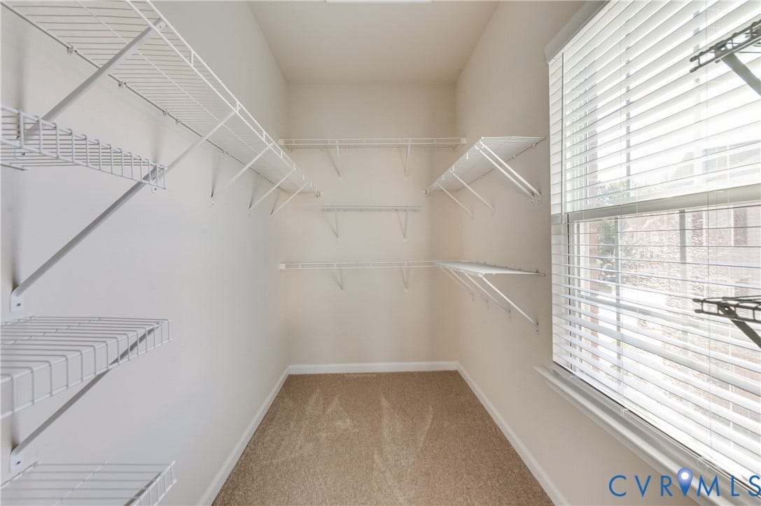 Walk-in closet with wire shelving, carpet flooring, and a window with blinds