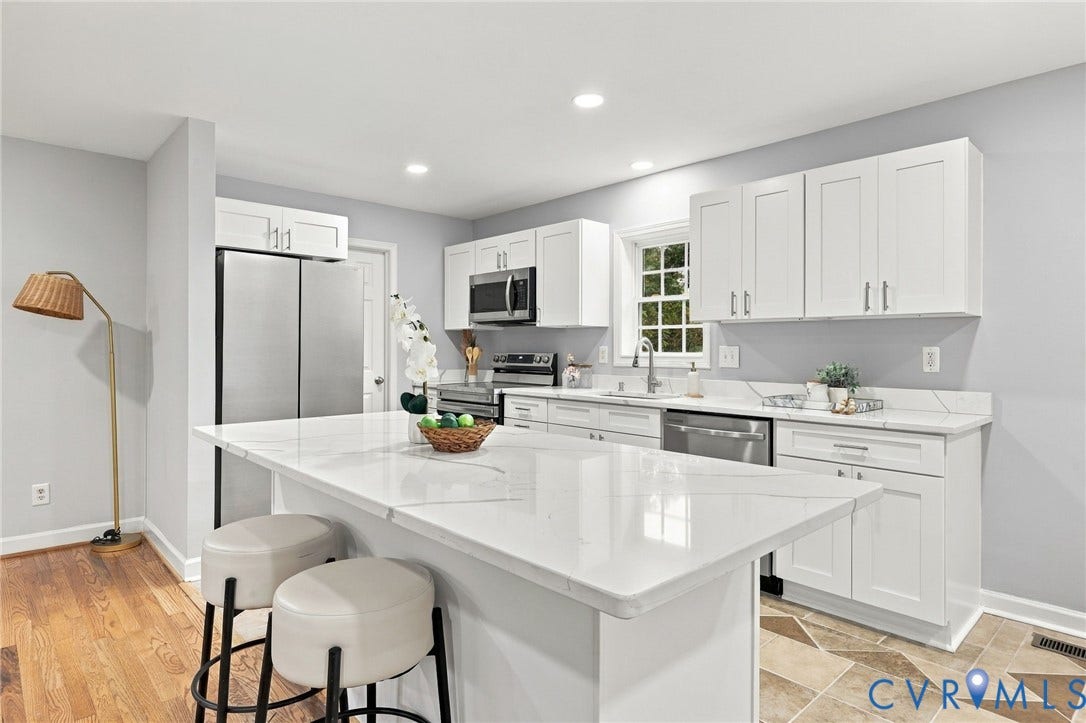 6409 Walmsley Boulevard, Chesterfield, VA 23224 Kitchen featuring white shaker-style cabinetry, white countertops with subtle veining, stainless steel appliances, a center island, and wood-finish flooring