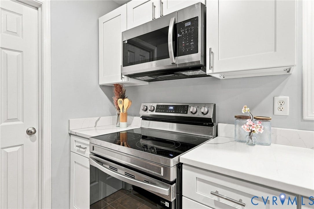 6409 Walmsley Boulevard, Chesterfield, VA 23224 Kitchen featuring white shaker-style cabinetry, quartz countertops with veining, stainless steel electric range, and stainless steel built-in microwave