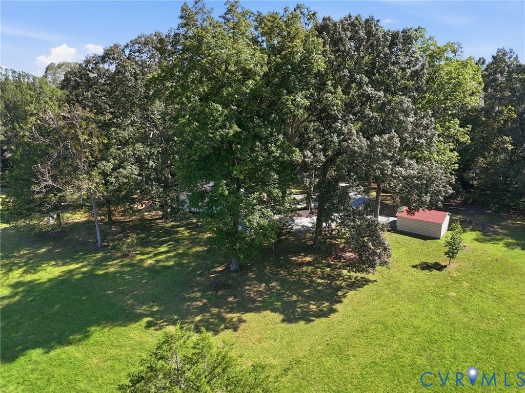 Expansive grassy area with mature trees and a detached storage shed.