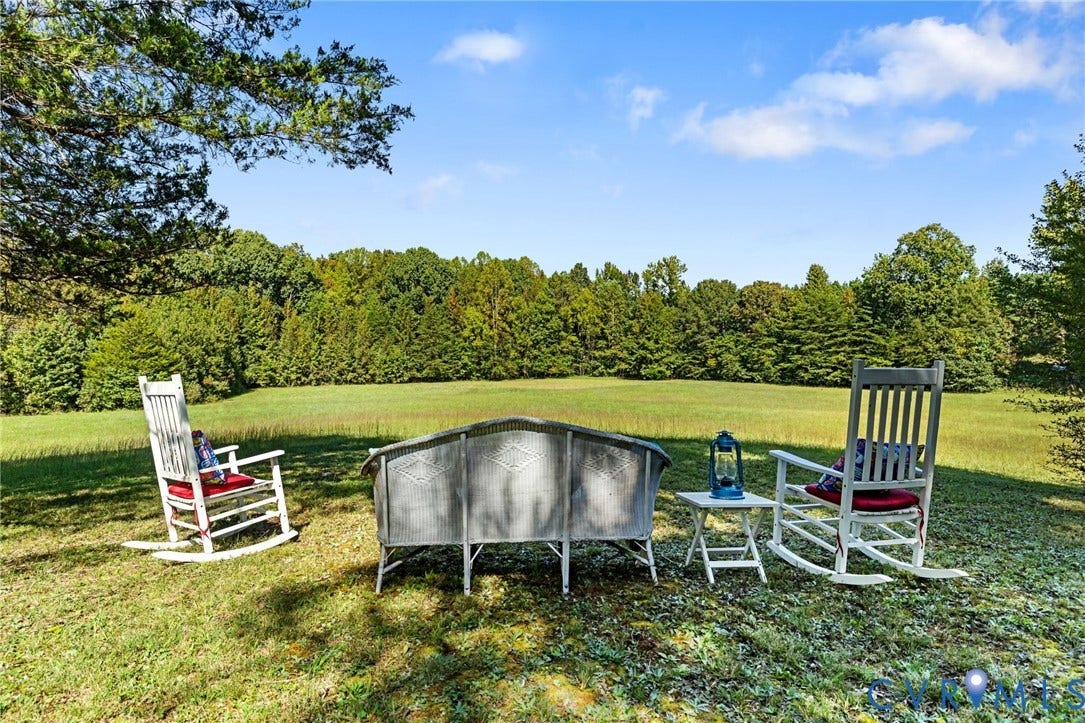 Expansive grassy area with mature trees and a clear sky.