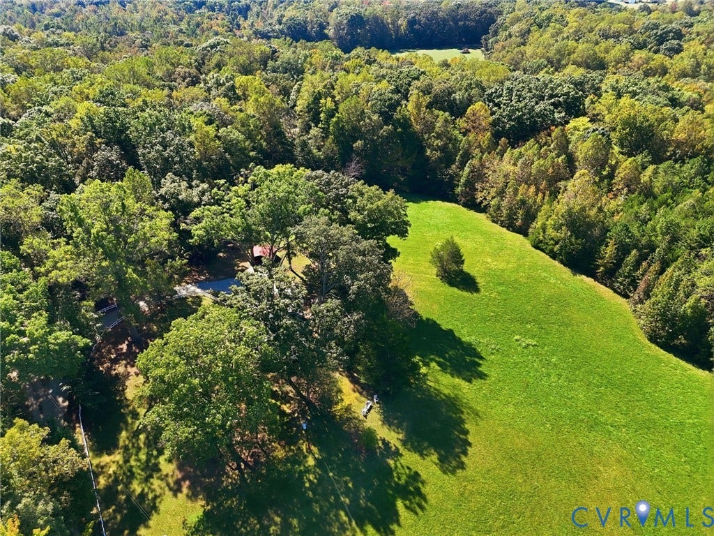 Expansive green acreage featuring a large forested area and a substantial open field.