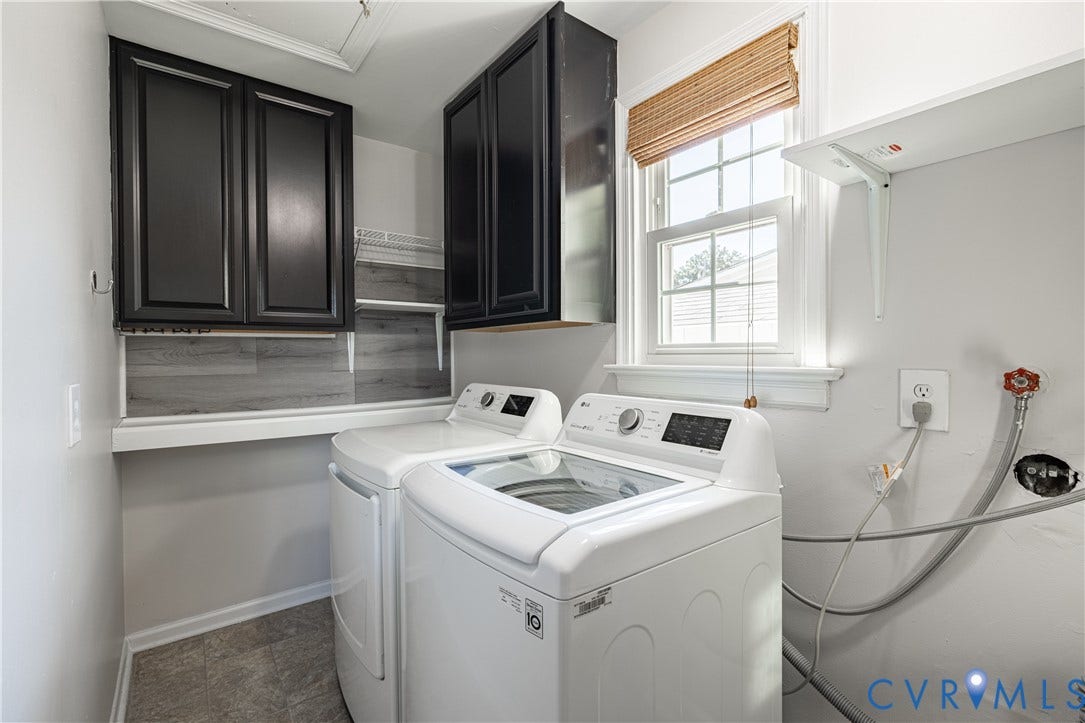 5312 Marian Street, Richmond, VA 23226 Laundry area featuring gray wood-finish flooring, white walls, and a single window with a woven shade