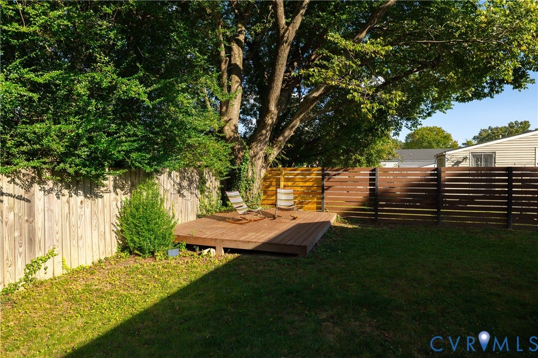 5312 Marian Street, Richmond, VA 23226 Expansive backyard featuring a wood deck, wood privacy fencing, and mature trees