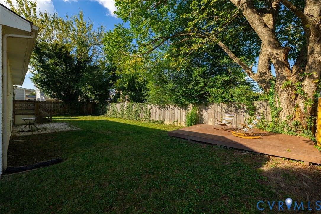 5312 Marian Street, Richmond, VA 23226 Expansive green lawn featuring a wooden privacy fence, mature trees, and a ground-level wood-finish deck