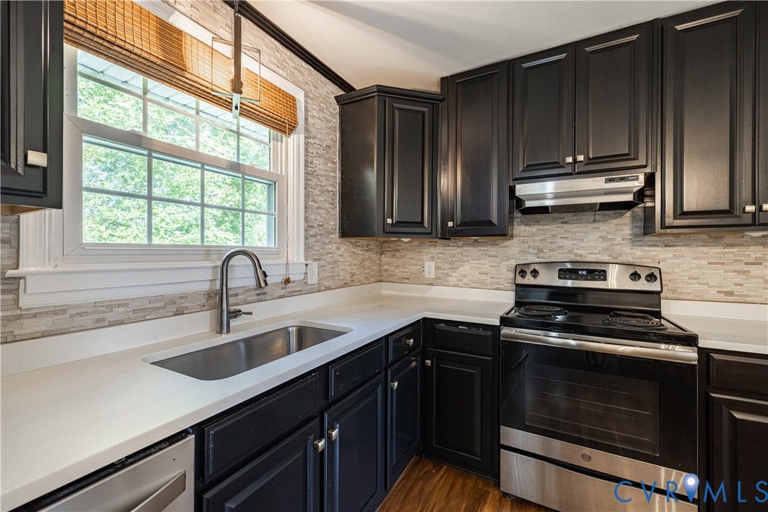 5312 Marian Street, Richmond, VA 23226 Dark cabinetry, light countertops, mosaic tile backsplash, stainless steel appliances, and a stainless steel sink with a pull-down faucet