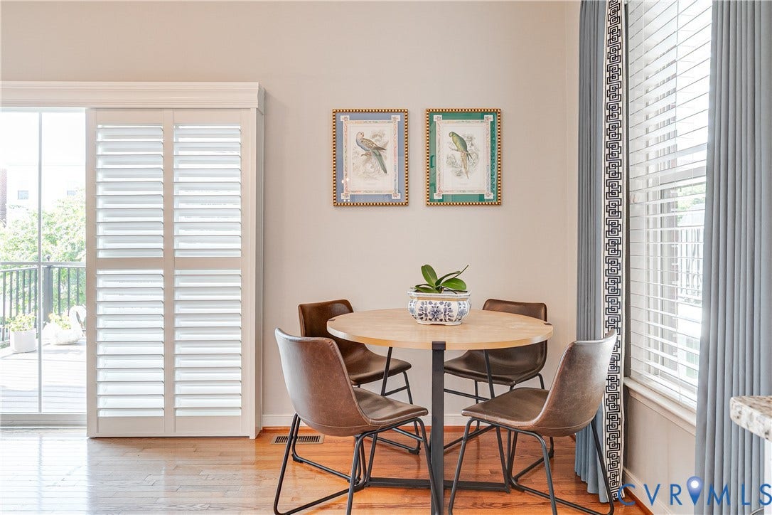 1733 W Cary Street, Richmond, VA 23220 Hardwood flooring, white plantation shutters, and white window blinds