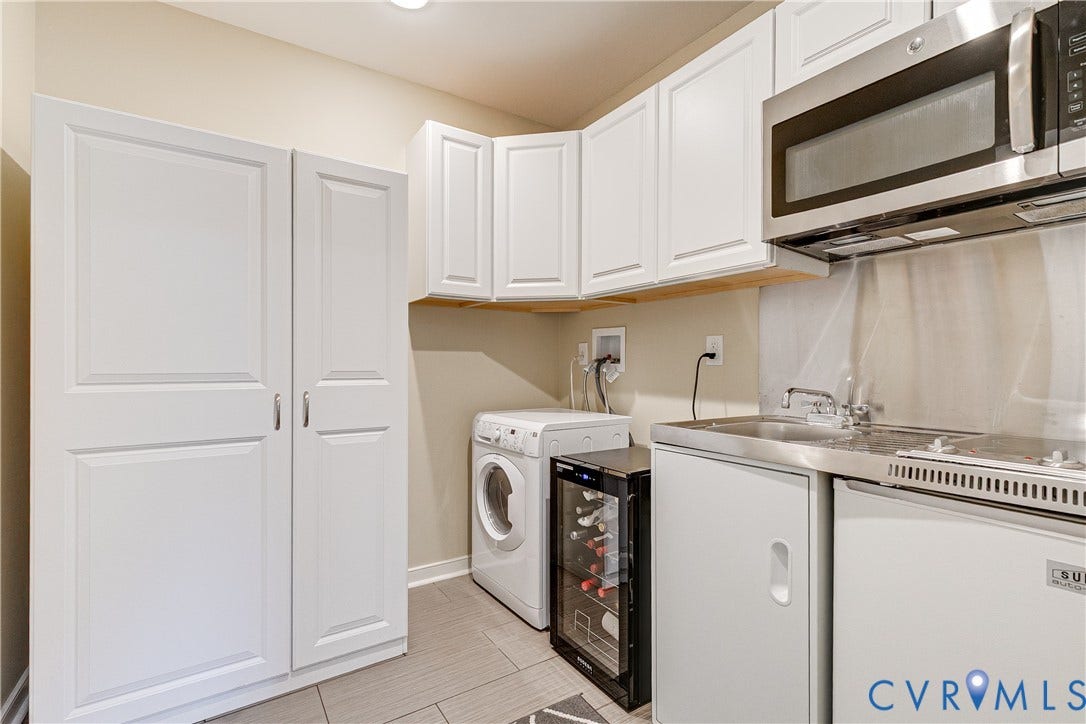 1733 W Cary Street, Richmond, VA 23220 Basement kitchenette with white cabinetry, stainless steel microwave, integrated sink, and open shelving