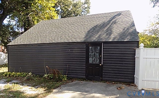 212 Royal Oak Avenue, Riverside Park, Colonial Heights, VA 23834 Detached structure with horizontal siding, a gabled roof, and a panel door with multiple glass panes