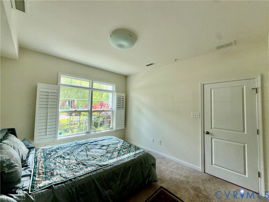 3931 Liesfeld Place, West Broad Village, Henrico, VA 23060 Bright interior space featuring a large window with white plantation shutters, carpeted flooring, and a flush-mount ceiling light fixture