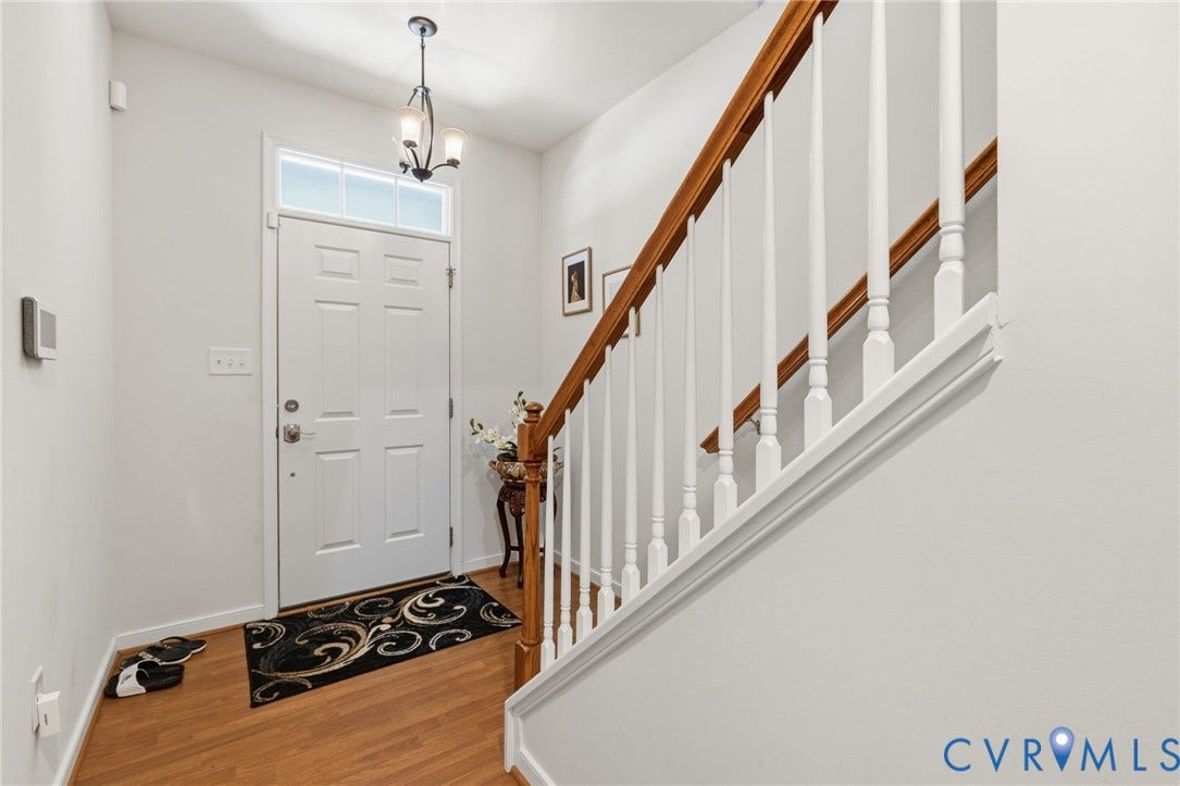 3931 Liesfeld Place, West Broad Village, Henrico, VA 23060 Entryway featuring wood-finish flooring, a white paneled door with transom window, and a chandelier