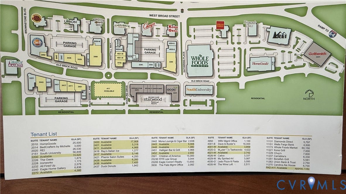 3931 Liesfeld Place, West Broad Village, Henrico, VA 23060 Retail Property Site Plan and Tenant List. Illustrating the layout of the property and its current occupants with their respective suite numbers and GLA (Gross Leasable Area)