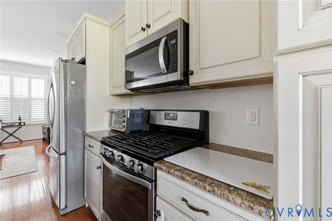 3931 Liesfeld Place, West Broad Village, Henrico, VA 23060 Stainless steel appliances, gas range, wood-finish flooring, white cabinetry, and plantation shutters