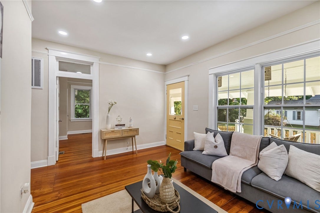 12105 Mathenay Drive, Mathenay, Chesterfield, VA 23831 Hardwood flooring, recessed lighting, white trim, multiple windows with white grid, and a yellow door