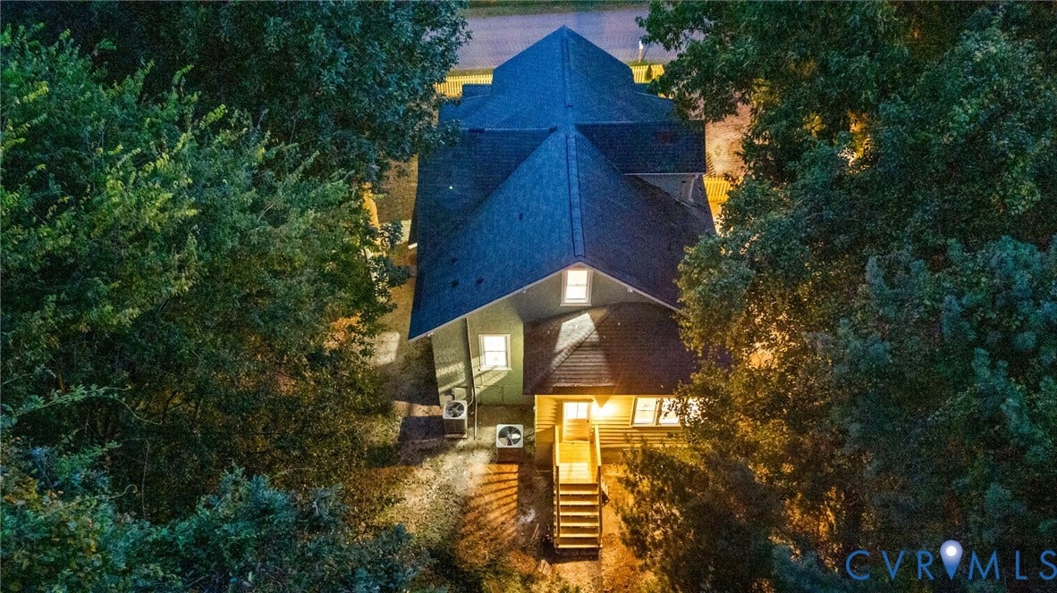 12105 Mathenay Drive, Mathenay, Chesterfield, VA 23831 Gabled roofline with dormer window, multiple exterior HVAC units, and a prominent exterior staircase